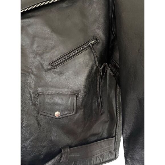 Unik Mens Black Leather Zip Front Belted Biker Motorcycle Jacket Size 56 3XL - Picture 5 of 14